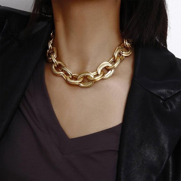 Chunky Choker Necklace Gold Cuban Link Chain Double O Link Necklaces Punk Hip-ho - Picture 7 of 7